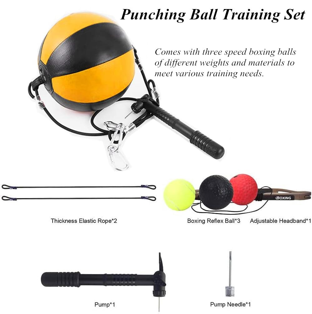 Kvittra Double End Punching Bag Boxing Striking for Training - Speed Ended Set Includes 3 Reflex Ball Headband and Pump- Portable MMA (Yellow)