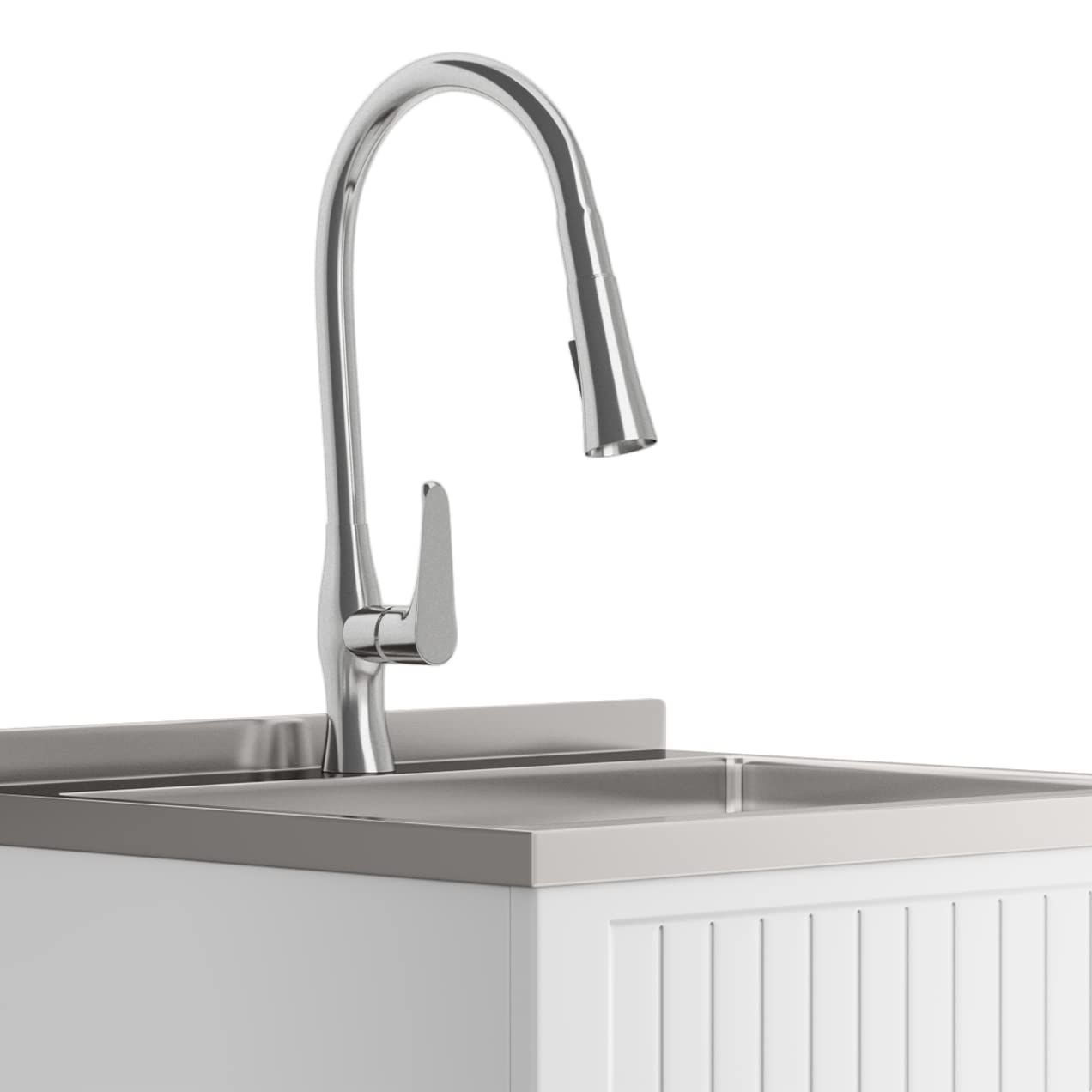 SIMPLIHOME Beckham All-in-One 24 inch Wide Utility Sink and Laundry Cabinet in Pure White Finish, Transitional Stainless Steel Sink Cabinet for Laundry Rooms with High-Arch Brushed Nickel Faucet