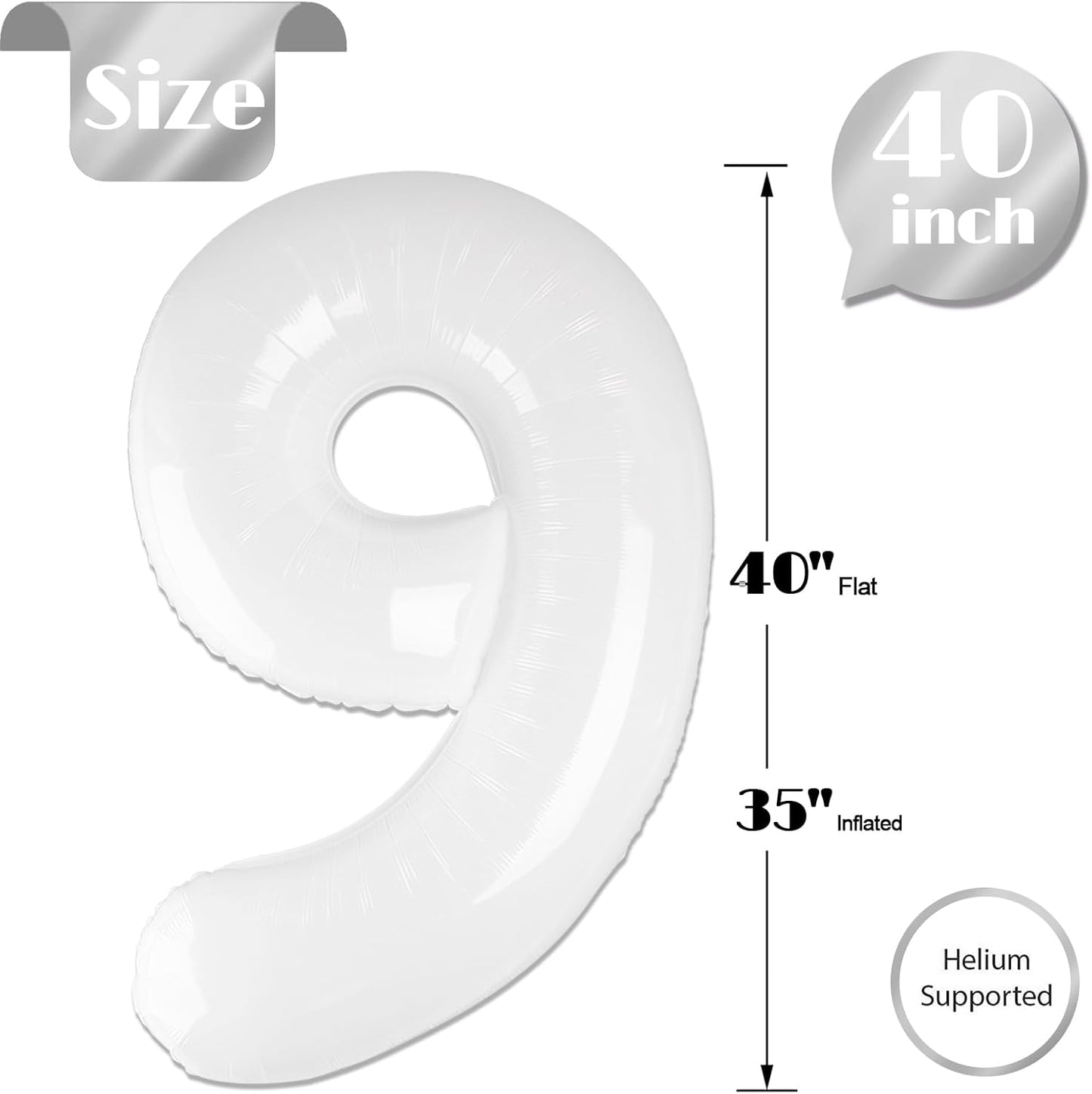 Translucent Number 9 Balloon - 40 Inch White Giant Birthday Decoration for Boys & Girls