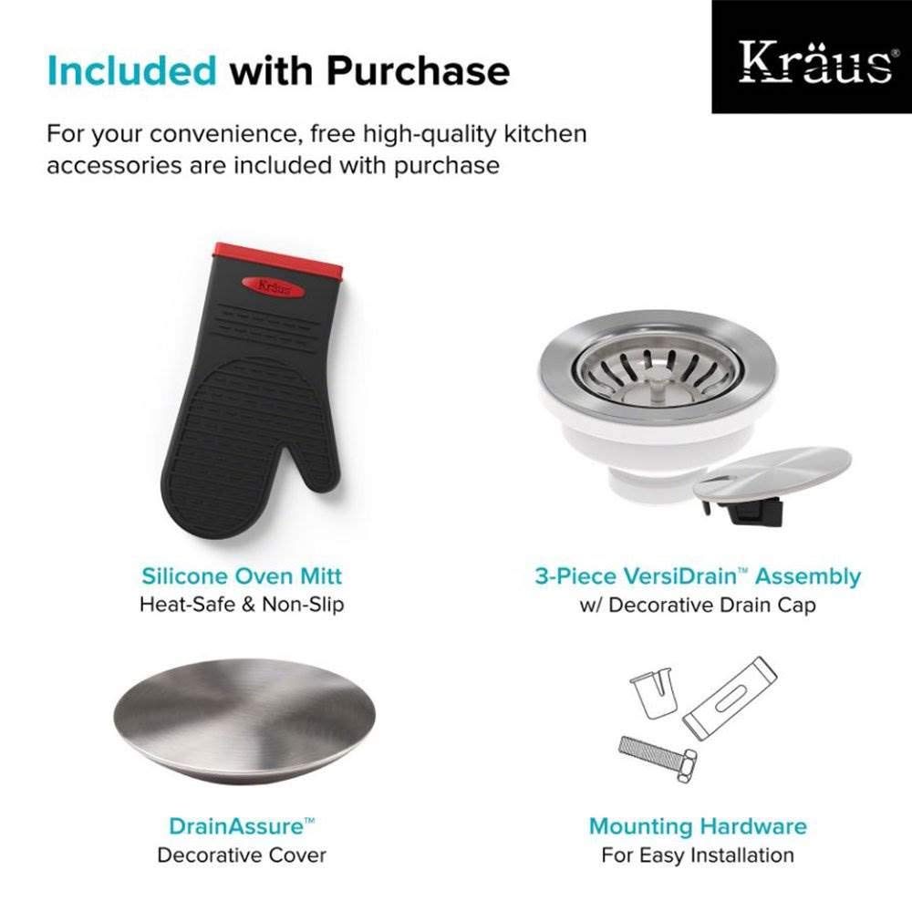 KRAUS Dex 17-Inch Undermount Single Bowl TRU16 Gauge Stainless Steel Kitchen Bar Sink with DrainAssure WaterWay and VersiDrain Assembly in Radiant Pearl Finish, KD1US17B