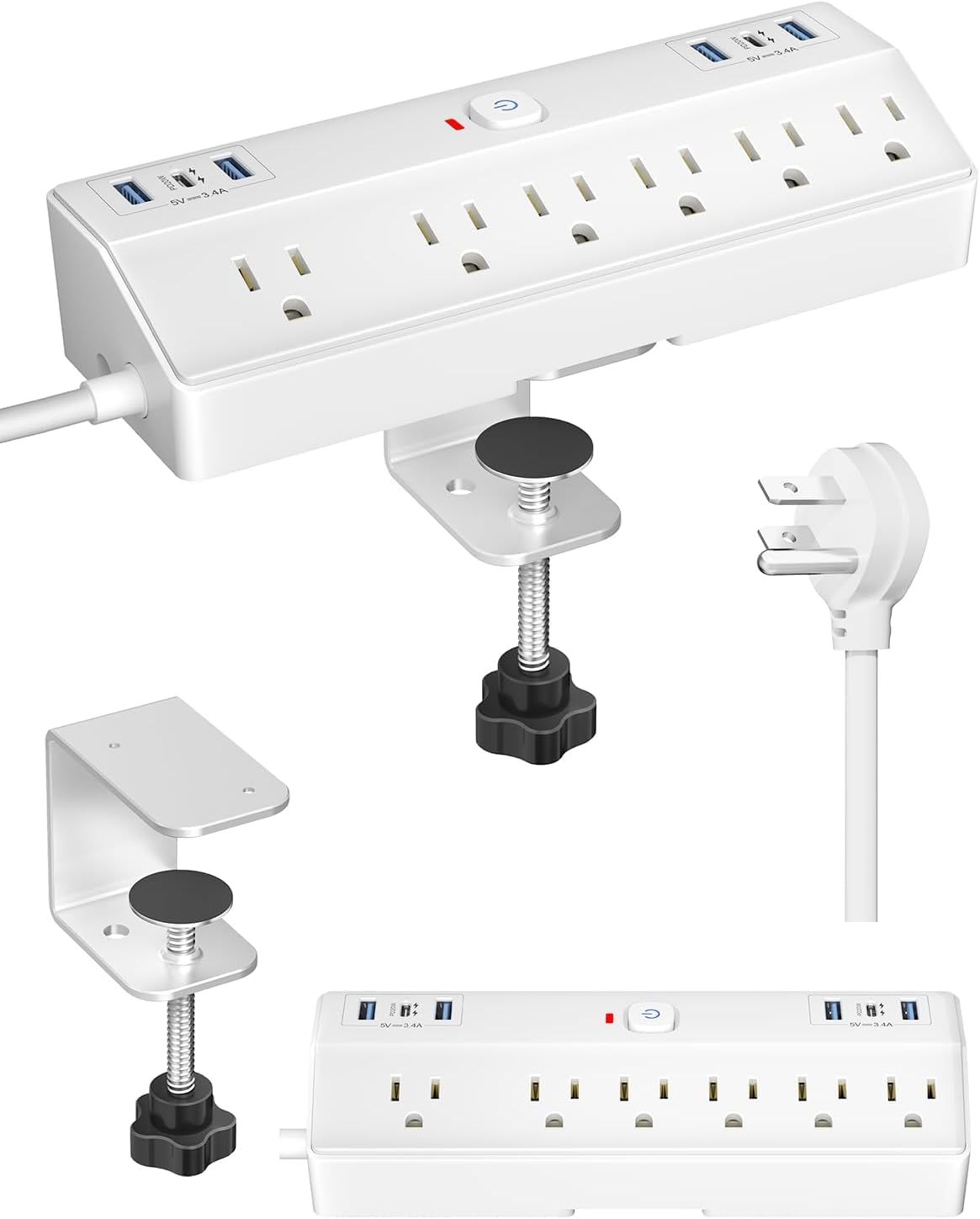 Fararaka 40W 6 6USB (2USB 1.8" 10Ft Desk Clamp Power Strip, Fast Charging Station, Desktop Mount Surge Protect