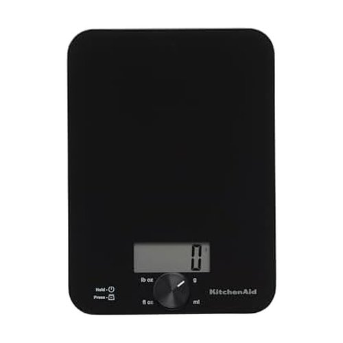 KitchenAid KQ914BA Digital Glass Top Kitchen and Food Scale, 11 lb Capacity, Measures Liquid & Dry Ingredients, Rotating Knob, Precise Results for Baking, Cooking, Keto and Meal Prep, Tare, Black