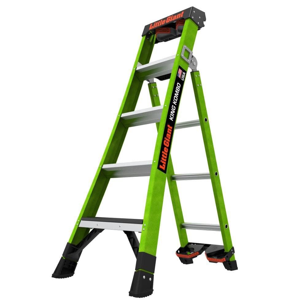 Little Giant Ladders King Kombo™ Industrial 5-Ft Multi-Position Ladder, Step/Extension/Leaning Modes, Non-Conductive Fiberglass, Rotating Wall Pad, Ground Cue, 375 Lbs. Capacity Type IAA