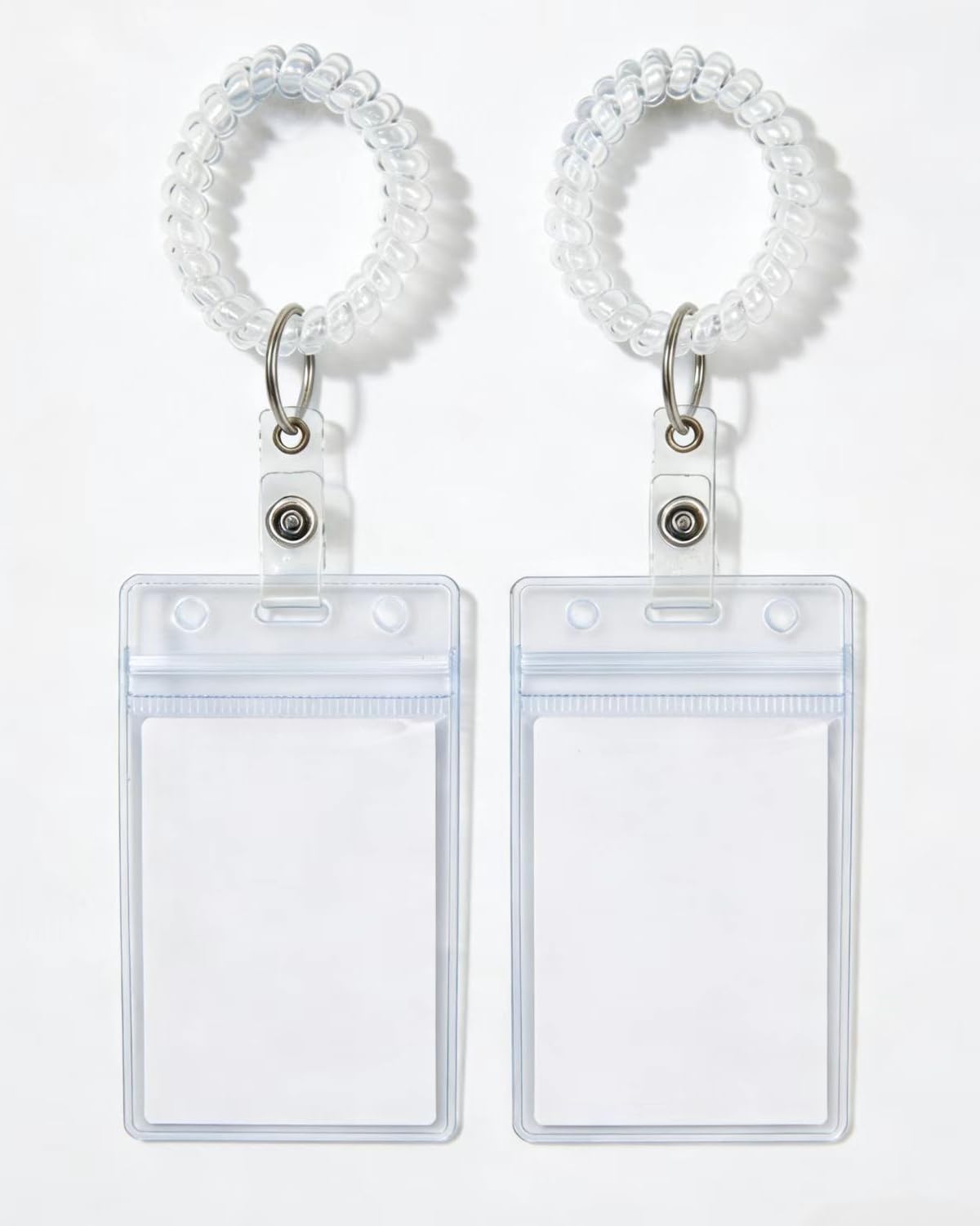 2Pack Wrist Coil ID Badge Holder with Stretchable Spiral Wristband Key Ring, Vertical PVC Credit Card Holders