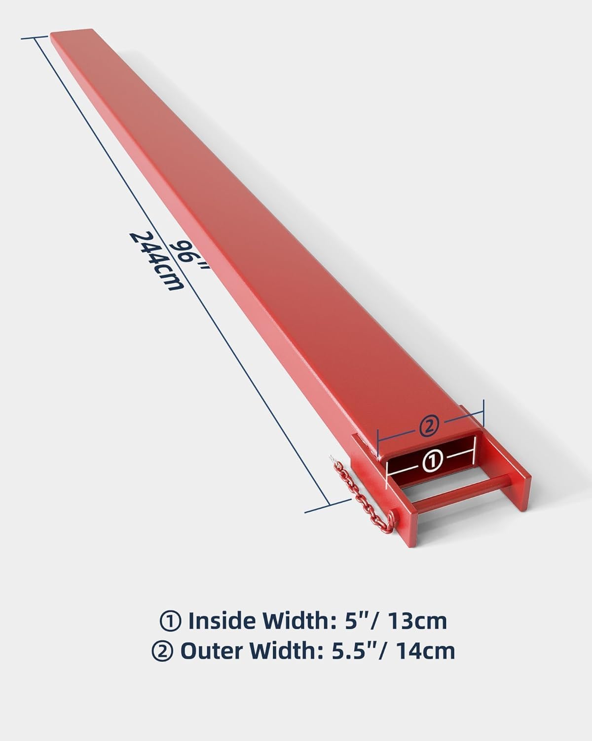 96 in Forklift Extensions, 5 in Width, 5500 LB Capacity, Heavy Duty Steel Pallet Fork Extensions, Forklift Safety Extender for Farm Warehouse Factory Construction, 1 Pair, Red