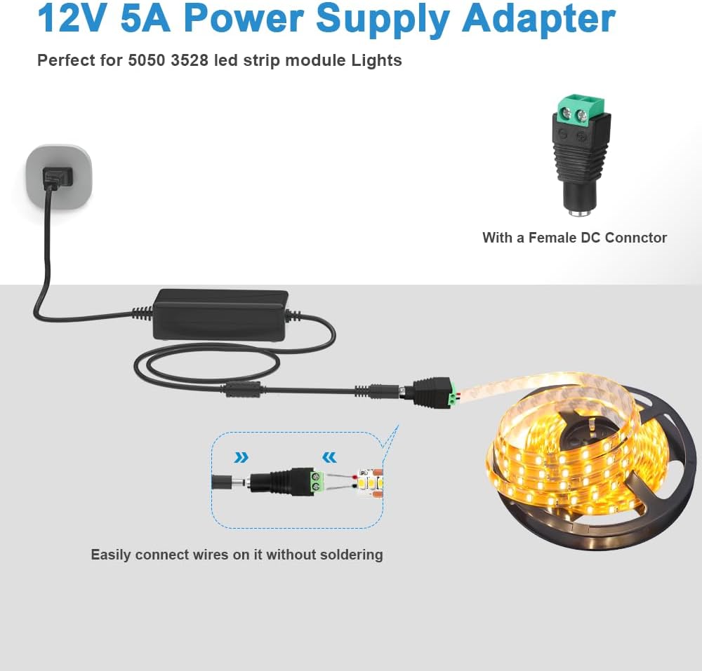 ZYHKJYL 12V 5A 60W 100-240v, 5.5x2.5mm Power Supply for LED Light Strips(with a Female DC Connctor), Security Camera