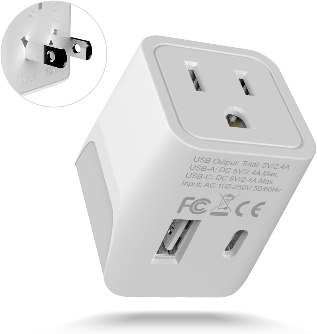 Ceptics (CTU-6) Japan, Philippines Travel Adapter Plug with USB-A + USB-C - Usa Input - Type A - Ultra Compact
