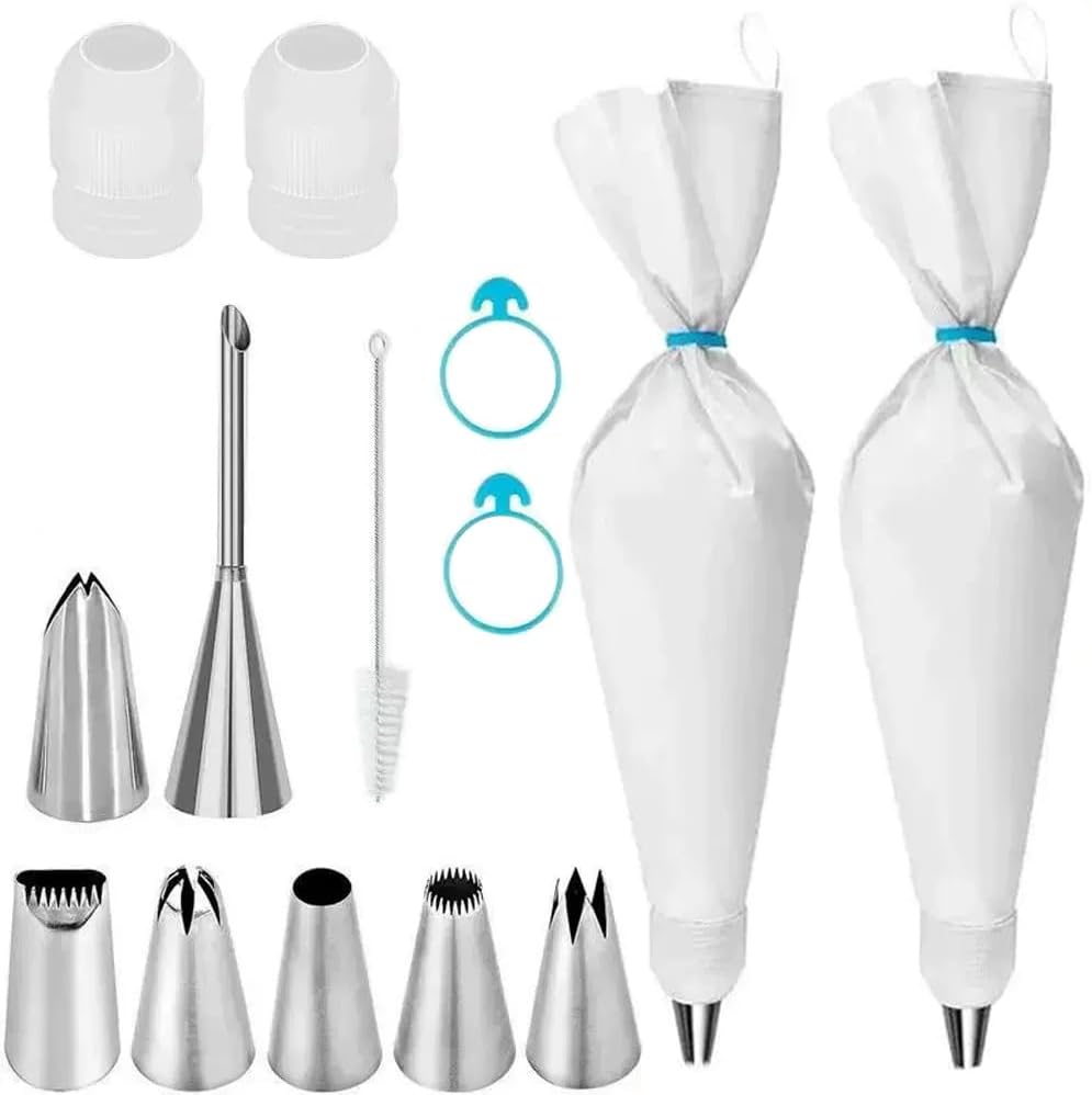 Skiennix Piping Bags and Tips Set - 14-Piece Cake Decorating Kit with Reusable Cotton Bags & Icing Tips