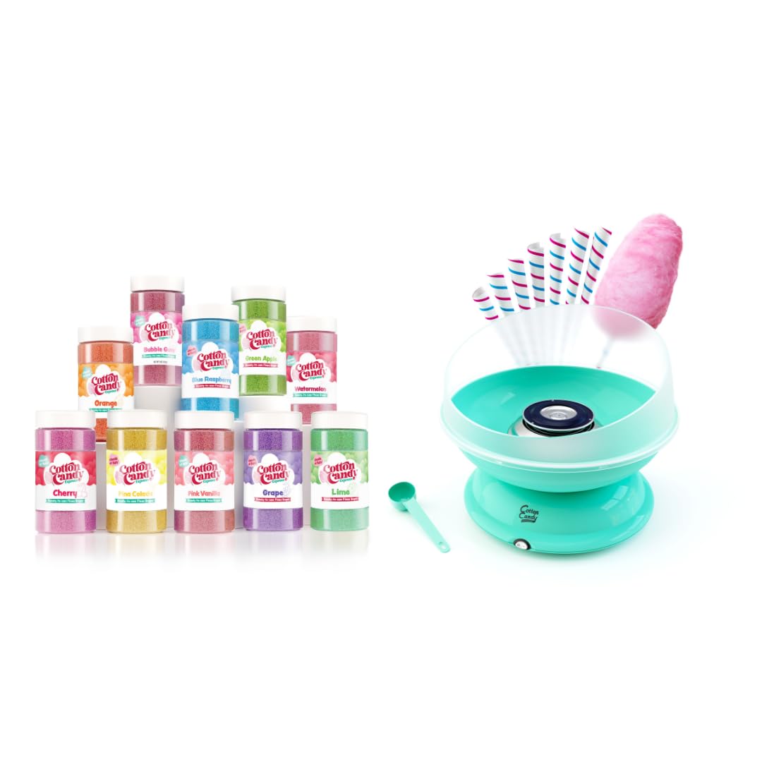 Cotton Candy Express Floss Sugar Variety Pack with 10 Total 11oz Plastic Jars Flossing Sugars bundled with Cotton Candy Express CC1000-S Cotton Candy Machine, Teal.