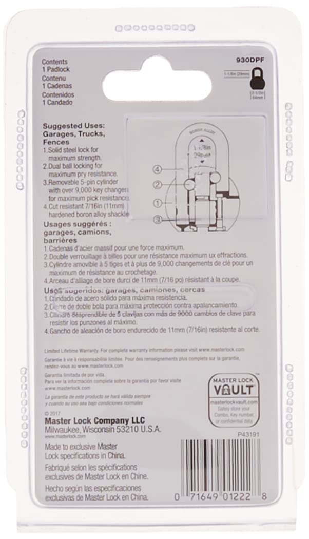 Master Lock Padlock, Solid Steel Lock, 2-1/2 in. Wide, 930DPF