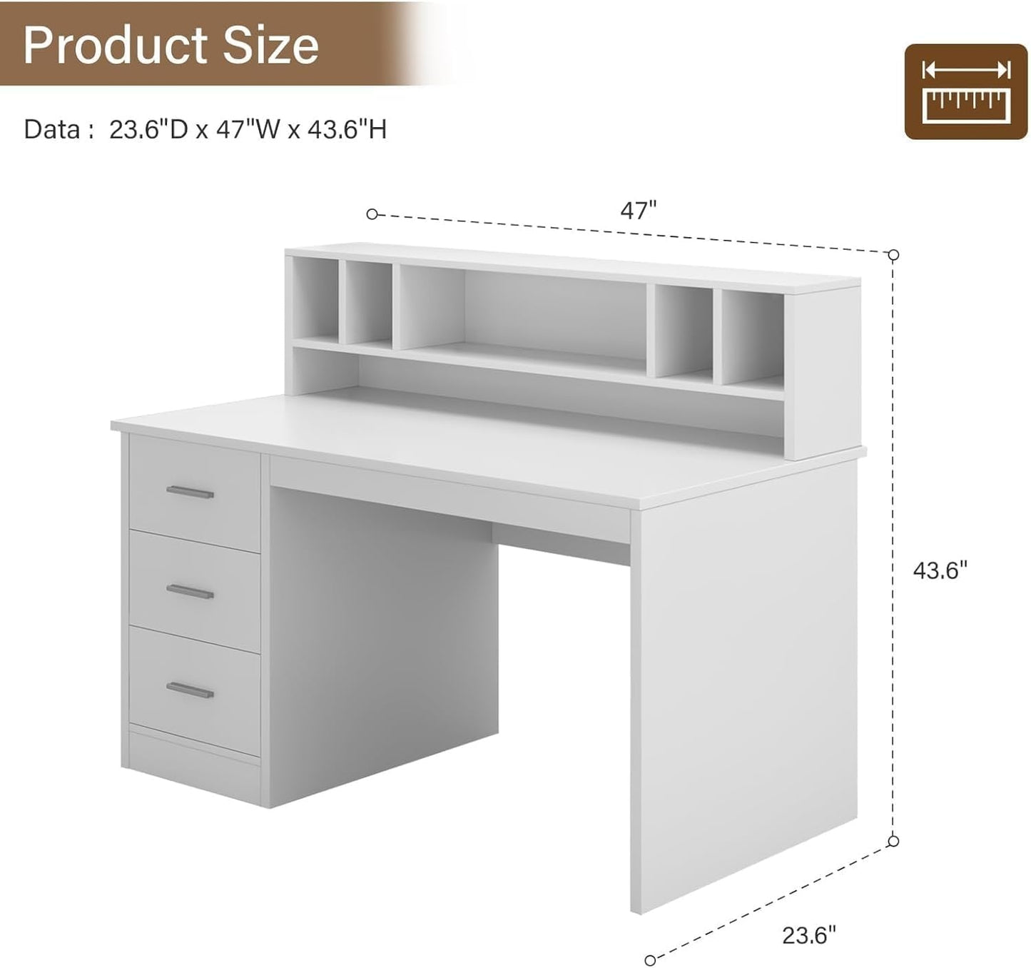 MaverickFurni White Desk with Drawers, 46" Home Office Desk with Hutch and Storage, Small Desk with 3 Drawers for Bedroom, White