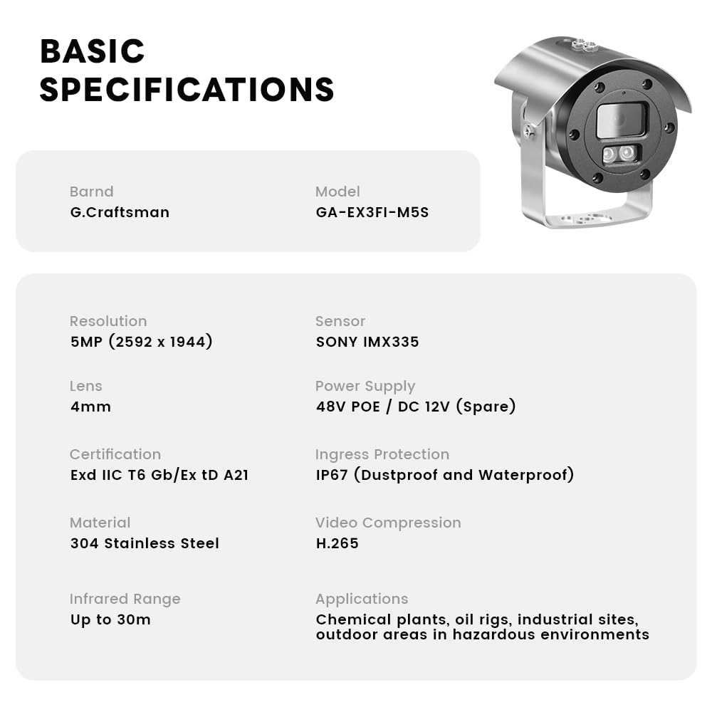G.Craftsman 304 Explosion-Proof Camera | ATEX Certified Industrial CCTV | 5MP HD Security for Hazardous Areas GA-EX3FI-M5S