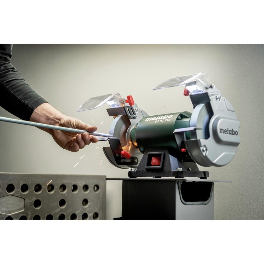Metabo 6-Inch Heavy Duty Bench Grinder, 3,600 RPM, 3.6 Amps, LED Light, Adjustable Eye Shield and Spark Deflector, DS 150 Plus, 604160420