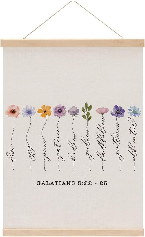 Fruit of the Spirit Wall Art | Boho Floral Christian Bible Verses Poster Frame with Wooden Hangers - Perfect for Home Decor