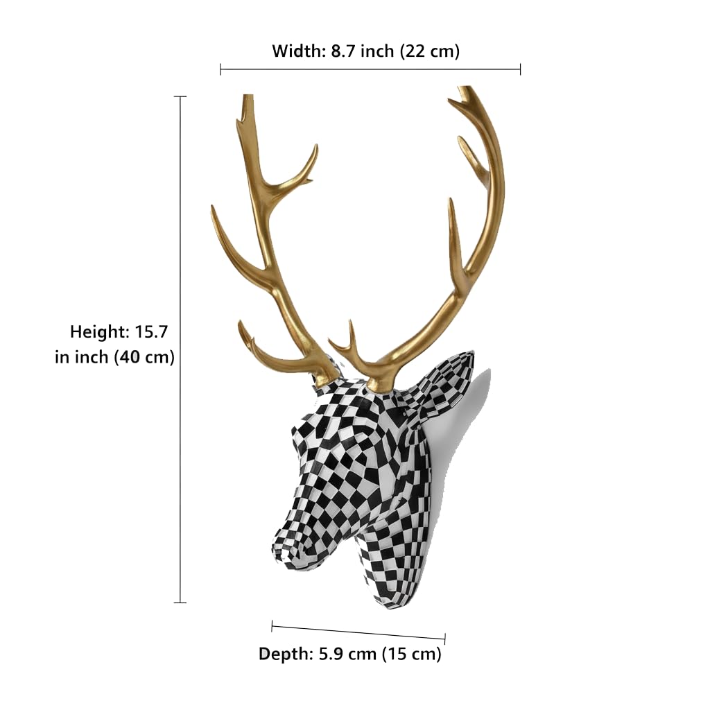 XYZWOMN Deer Head Wall Decor, 15.7 Inch Faux Resin Animal Head Wall Mount with Gold Antlers, Modern Mosaic 3D Wall Art Sculpture for Living Room Bedroom Home Decoration, Black and White