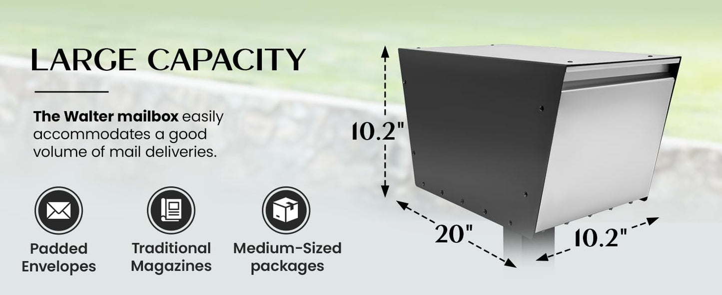 Movo Home Walter Post Mount Mailbox, Modern Curbside Stainless Steel, Large Locking, Black