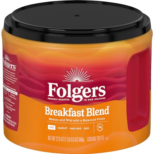 Folgers Breakfast Blend Ground Coffee, Mild Roast, 22.6 Oz. Canister (Pack of 6)