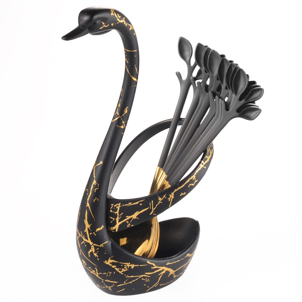 AnSaw Small Coffee Spoon Holder Set,Black Swan Base With 10 Pcs Black & Gold Demitasse Espresso Spoons Set,4.7" Mini Leaf Dessert Spoon,Stainless Steel Tea Spoons