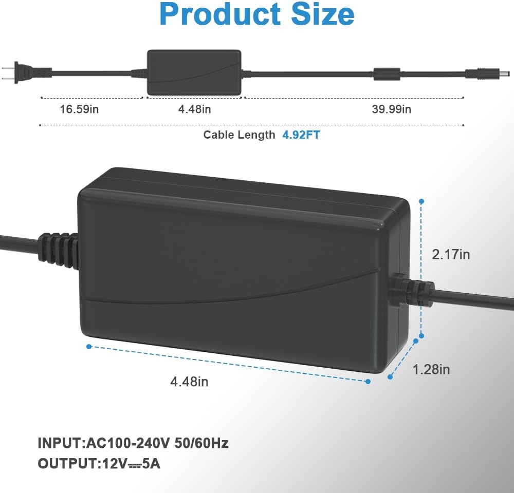 ZYHKJYL 12V 5A 60W 100-240v, 5.5x2.5mm Power Supply for LED Light Strips(with a Female DC Connctor), Security Camera