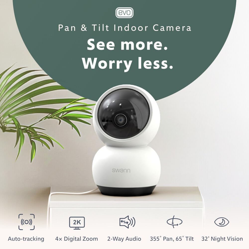 Swann 2K 2K 2-way EVO Pan-Tilt Indoor Wi-Fi Security Camera: HD video, plug-in, auto tracking, sound/motion/pet/person