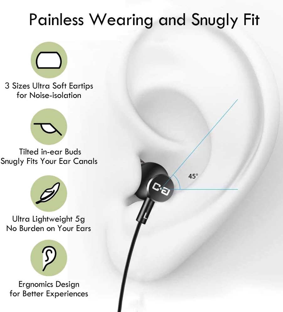 12FT 3.5mm CGS06 Extra Long Earbuds for TV & PC, with Spring Coiled Extension Cable, Volume Control & Mic, in-Ear Wired
