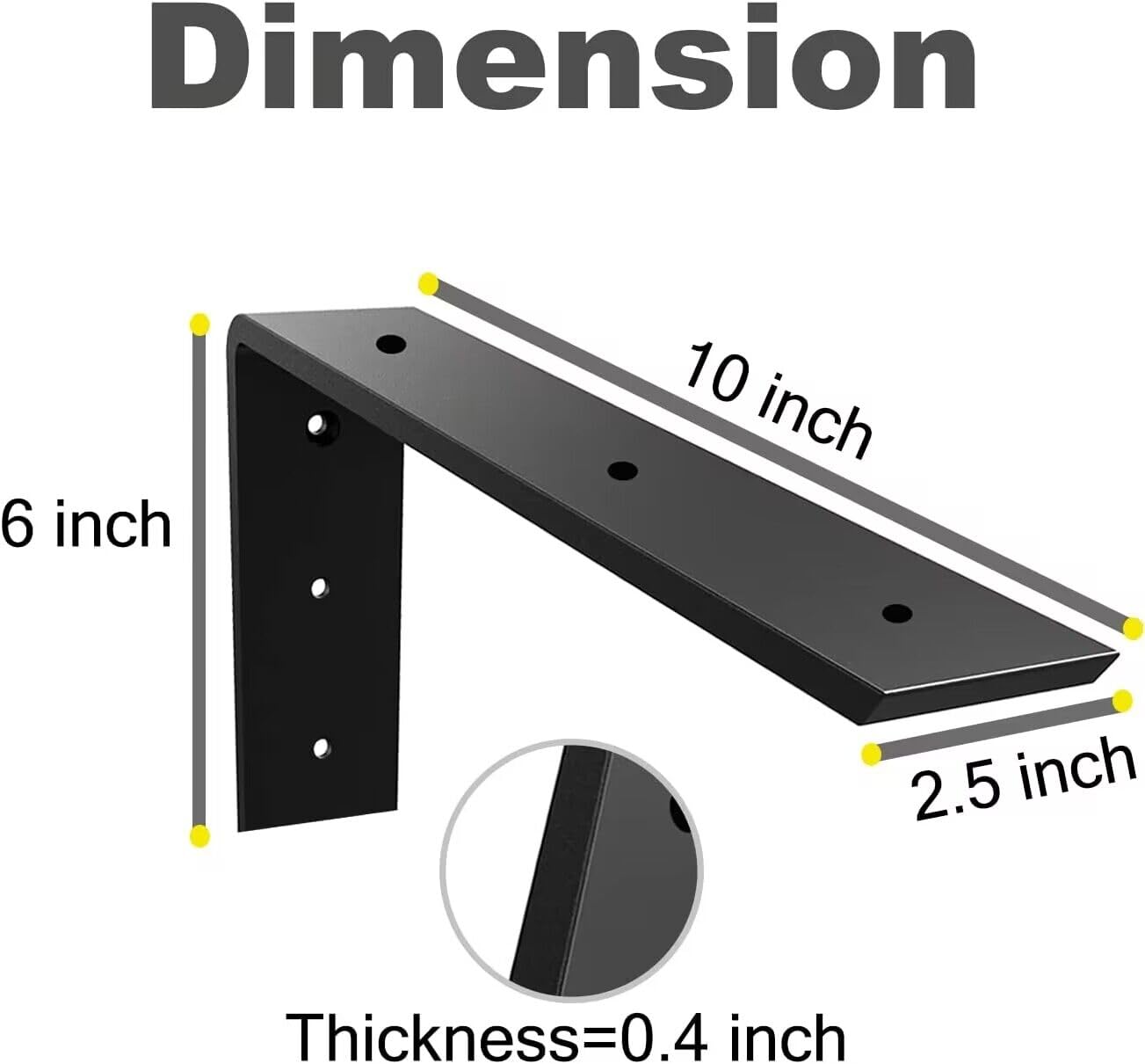 WINKER Countertop Support Bracket 6 Pack Heavy Duty 3/8" Thick Hidden L Shelf Bracket 10" x 6" x 2.5" Metal Corbels for Quartz/Granite/Wood/Concrete/Laminate Countertops, Black
