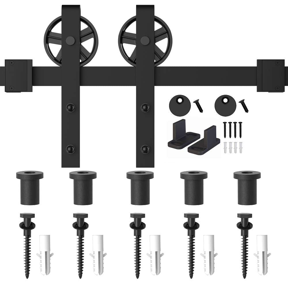 WINSOON 5-16FT Single Wood Sliding Barn Door Hardware Basic Black Big Spoke Wheel Roller Kit Garage Closet Carbon Steel Flat Track System (6.6FT)