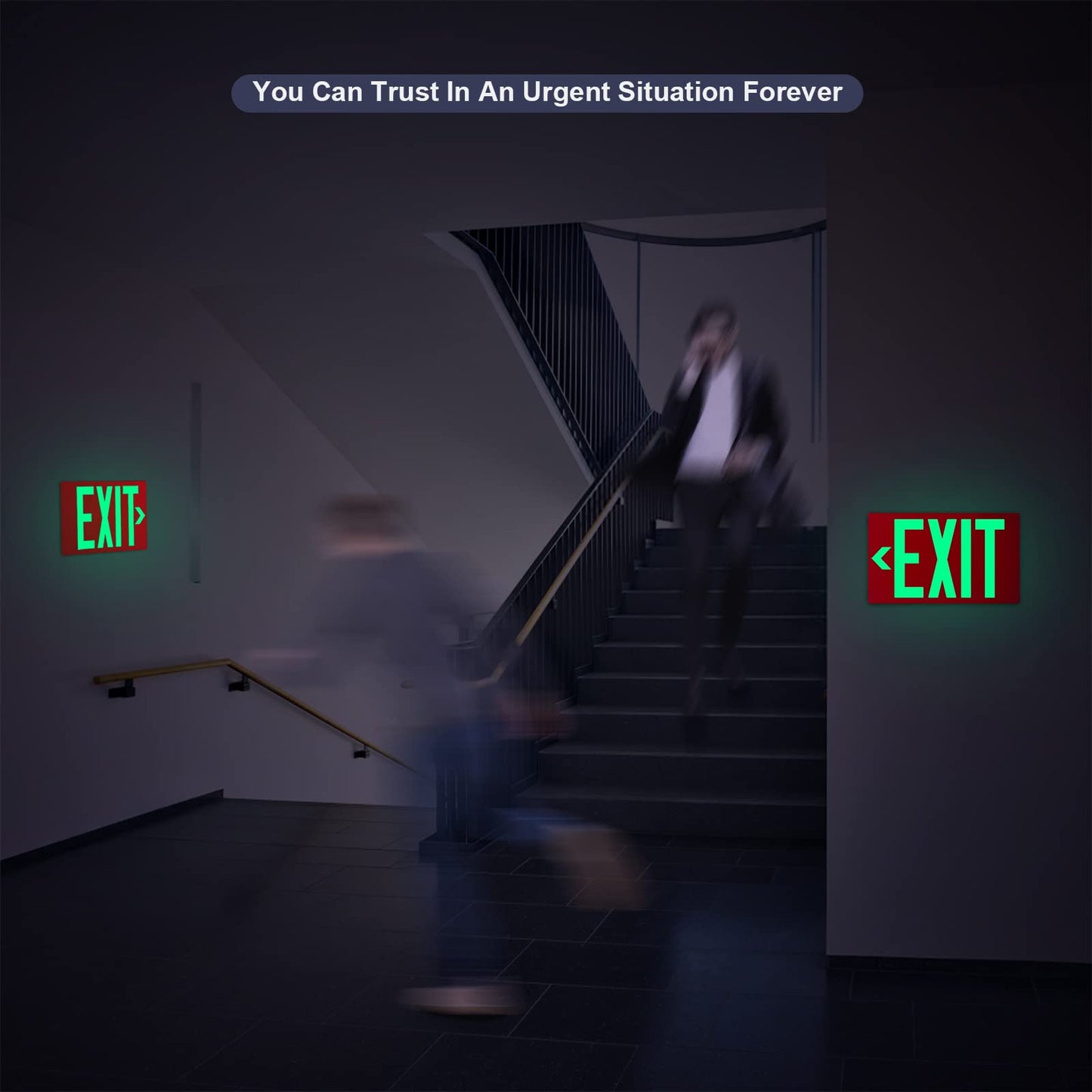 Photoluminescent Exit Sign Aluminum - Adhesive Backing Glow In The Dark - Removable Arrows Included - 12x7 Inches - Non Electrical Red Exit Light For 50 Feet Visibility (2 Pack)