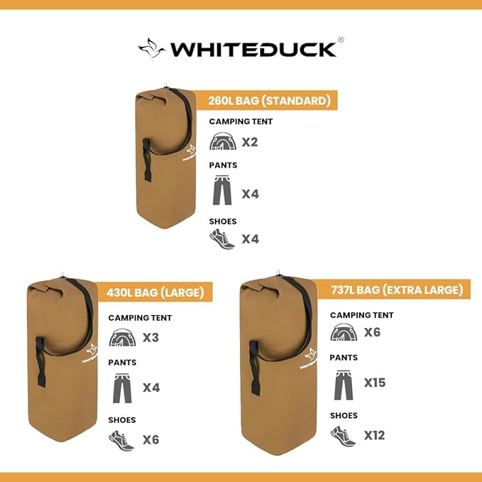 WHITEDUCK Top Load Canvas Folding Duffel Bag, Water Resistant Army Style Shoulder Bag for Men and Women- Gym, Sports, Travel, Hiking, Camping, Backpacking (Extra Large 30" x 50",Olive)