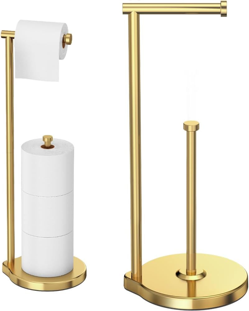 Theaoo Heavy-Duty Toilet Paper Holder Stand - Modern Freestanding Stainless Steel Tissue Roll Holder (Gold)