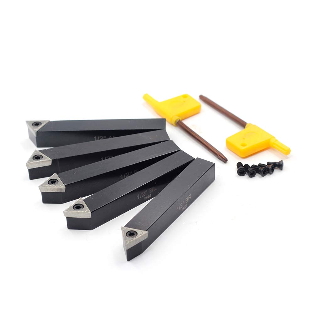 OSCARBIDE 1/2" Mini Lathe Indexable Carbide Turning Tool Holder 5 Pieces/Set,Metal Lathe Cutting Tools with Carbide Inserts TCMT16T304
