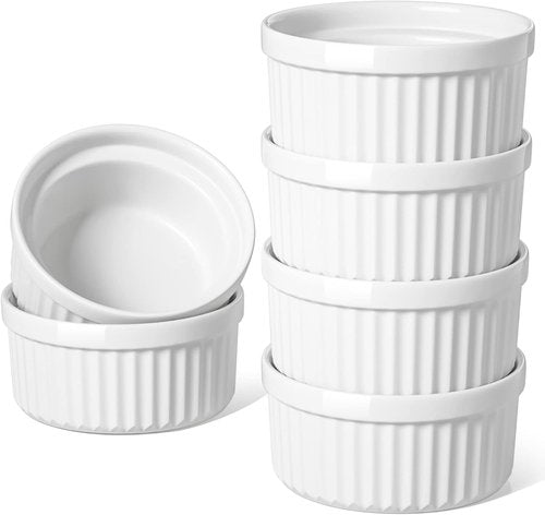 LE TAUCI Ramekins - 8 OZ Oven Safe Ceramic Custard Cups | Set of 6 White Souffle Dishes