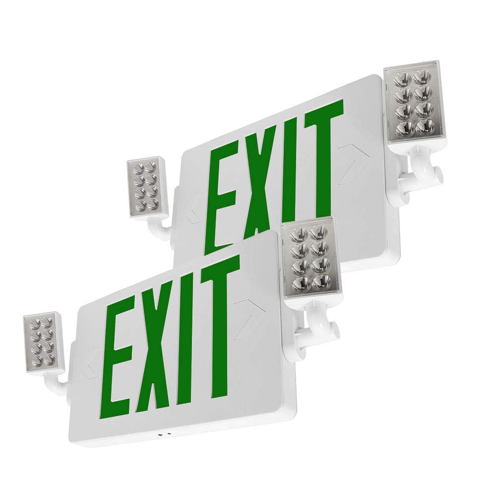 LFI Lights® Thin COMBO UL 924 Listed, Green LED, Exit Sign with Emergency Lights, White, 120-277VAC Hardwired with Battery Backup, Optional Double Face and Knock Out Arrows COMBOTGWBB 2 Pack