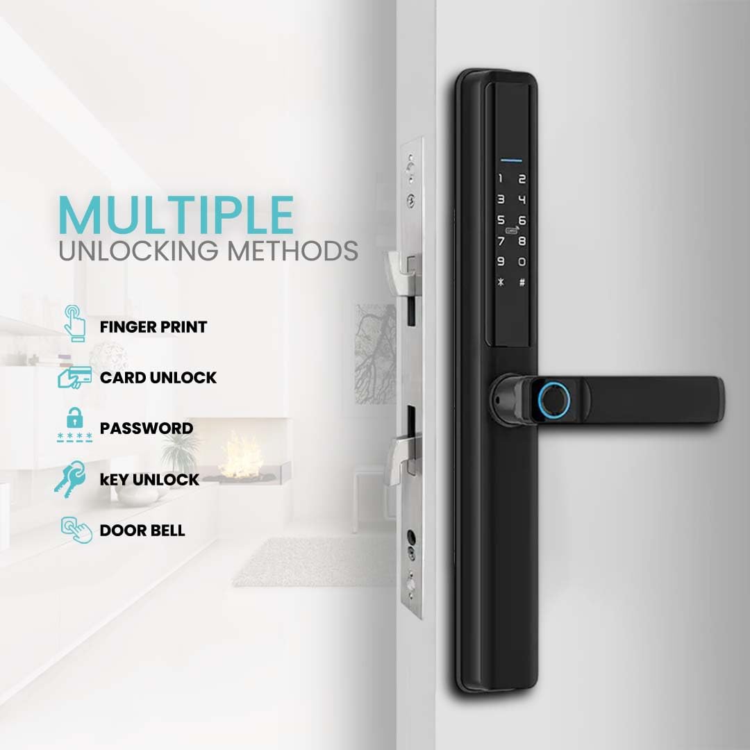 Smart Door Lock for Sliding Doors – 6-in-1 Keyless Entry with Fingerprint, Passcode, IC Card, Tuya App Control, Physical Key + Built-in Doorbell, Auto-Lock, Sleek Black Aluminum, Easy Installation