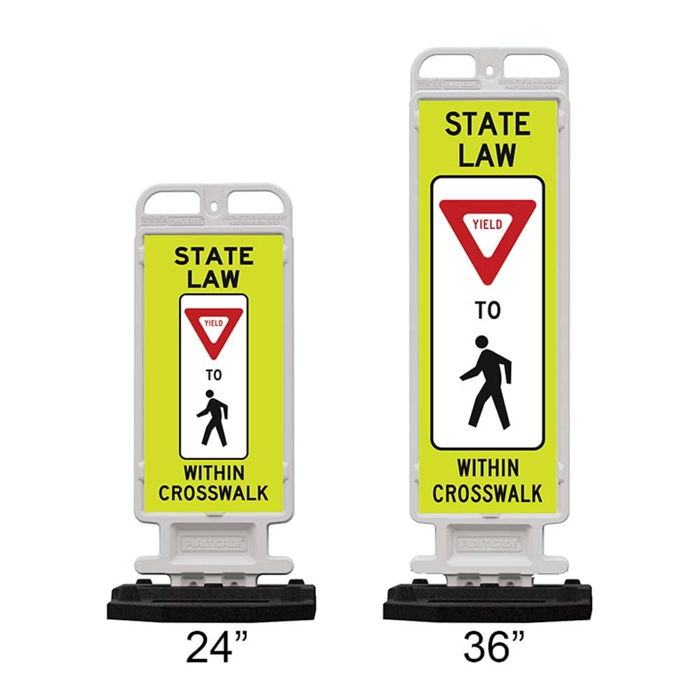 Plasticade Crosscade Crosswalk Sign, 36" Vertical Panel with 12x36 State Law Yield To Pedestrians Sign, Impact-Resistant Rubber Base, Diamond Grade Reflective Background and HIP Sheeting