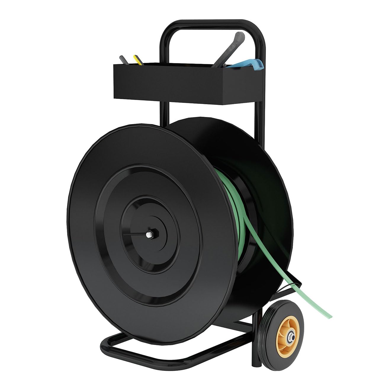 biosp Heavy Duty Strapping Cart Dispenser with Wheels, Portable Strapping Dispenser Banding Cart with Built-in Tray, Strapping Trolley for Packaging Poly/Plastic Steel/Fibre 16'' Core Size, Black