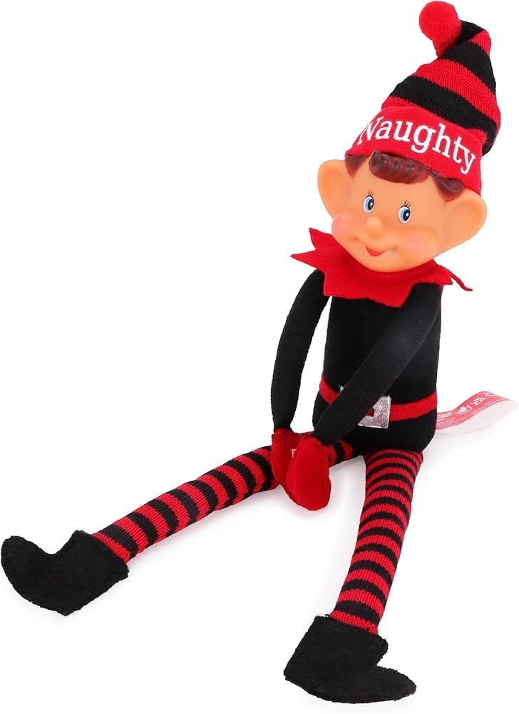 Toyland®️ Naughty Elf Soft Toy - 35cm Red & Black Design with Knitted Hat & Vinyl Face | Festive Fun!