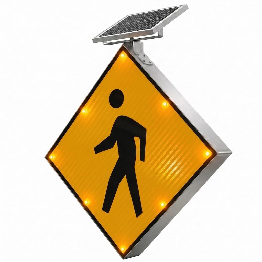 GAJTTR 30" Solar Powered LED Pedestrian Crossing Sign, High Visibility Flashing Crosswalk Sign with 8 Blinking LEDs, Engineer Grade Reflective Film, Heavy Duty Aluminum Metal Frame for Schools, Driveways & Communities (Yellow)