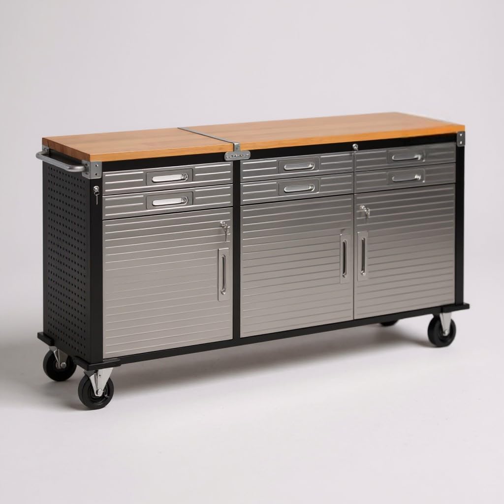 Heavy Duty 6-Drawer Rolling Work Center with Wood Top, Mobile Workbench with Storage, Steel Construction, 75.6" W x 20" D x 37.5" H, Tools Organized Station.