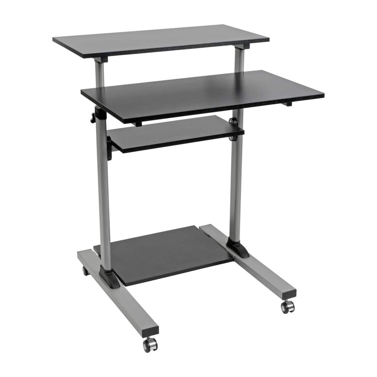 TRIPP LITE Mobile Sit Stand Desk, Height Adjustable Small Rolling Laptop Cart Workstation Workspace, 4 Shelf Storage, Home Office & School, 5-Year Warranty (WWSSRC)