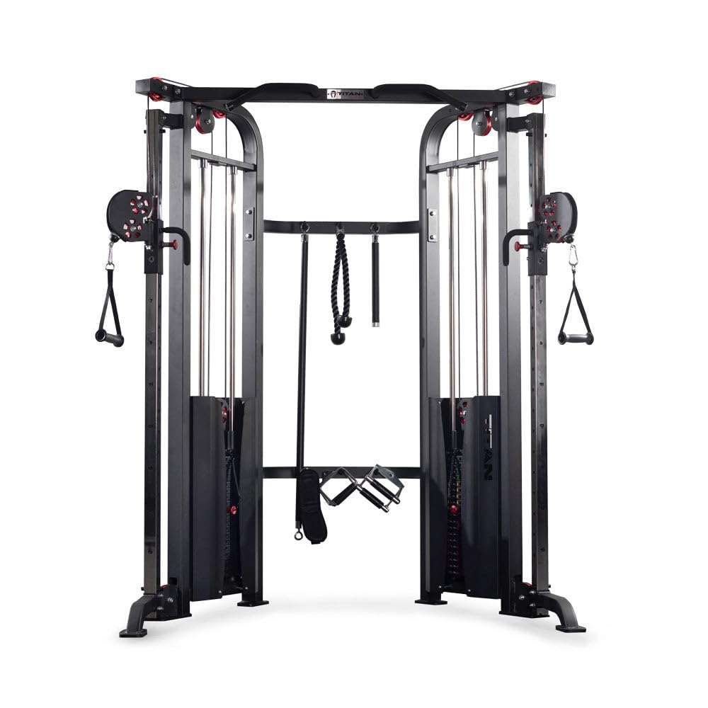 Titan Fitness Functional Trainer, Cable Crossover Machine with 200 LB Double Weight Stack, 2:1 Cable Pull Station, Home Gym Workout Weight Training Machine with Attachments