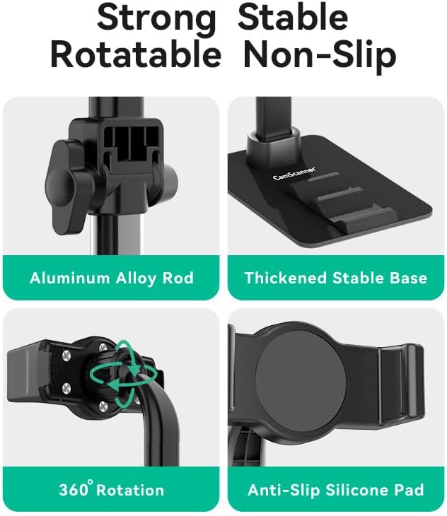 CamScanner 360 Phone(1 Pack) Adjustable Phone Stand, Rotatable Clip-On Holder,Desk Mount with Non-Slip Base