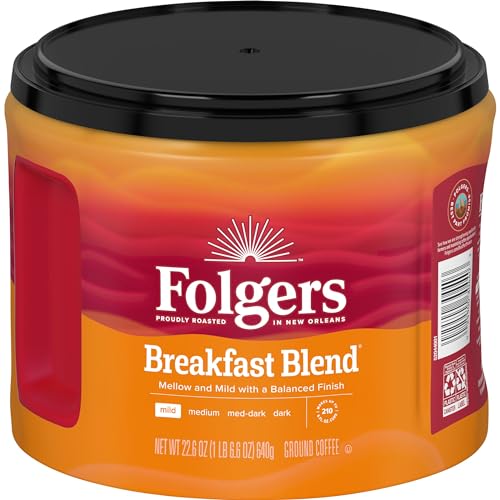Folgers Breakfast Blend Ground Coffee, Mild Roast, 22.6 Oz. Canister (Pack of 6)