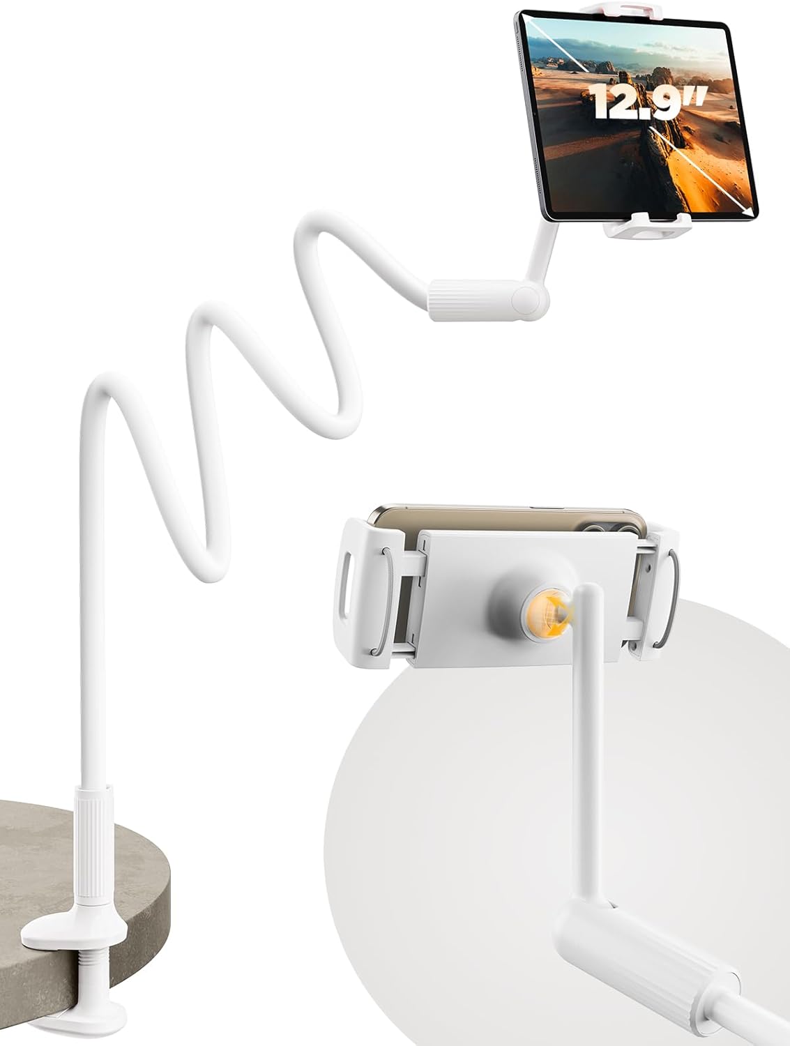 SAIJI 47" 4.7-13" Gooseneck Tablet Holder for Bed, One-Hand Adjustable, Length, Upgraded Base, iPad Holder Stand