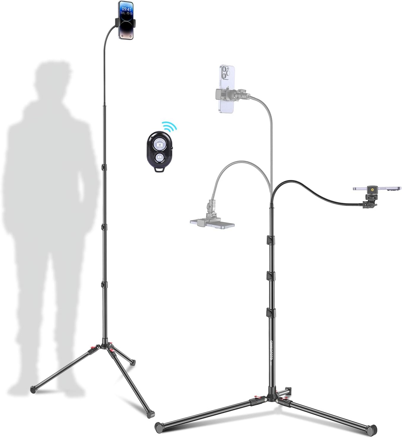 CAMBOFOTO 87" 15.7" 360 Phone Tripod, Overhead Flexible Tall Tripod Stand with Remote, Selfie Stick, Compatible