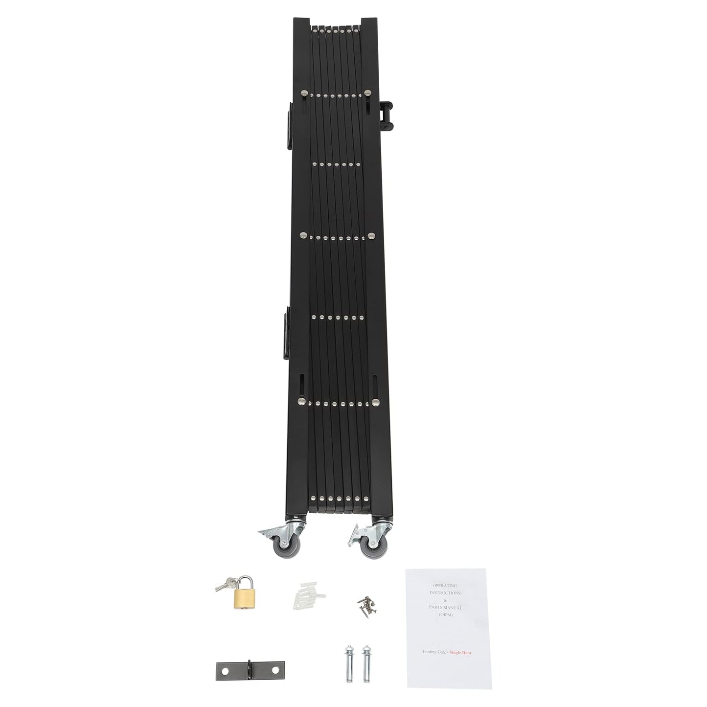 Folding Security Gate, 48" H x 71" W Black Metal Safety Gate with Diamond Grid and Padlock, Expandable Wall Mount Gate for Garage, Basement, Storefront, School and Industrial Site