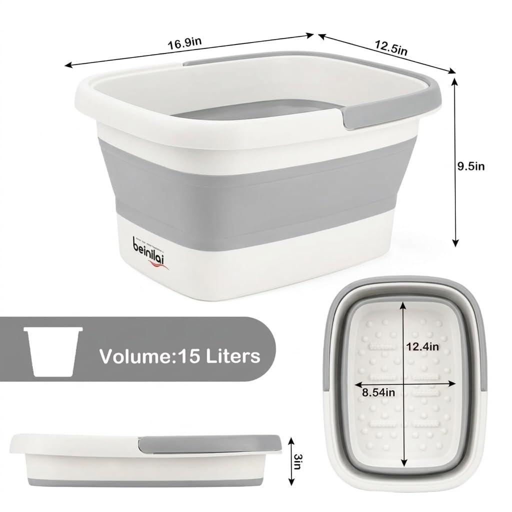 Beinilai Collapsible Foot Bath Basin for Soaking Feet,Foot Soak Tub,Plastic Foot Bucket with Handles and Massage Acupoint,Foldable Laundry Basket-Gery