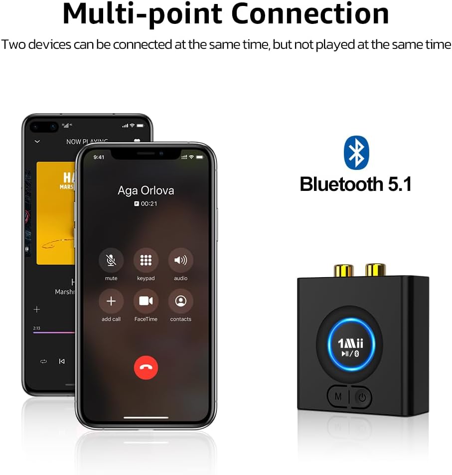 1Mii 12H 5.1 Bluetooth Receiver for Home Stereo, Wireless AUX & RCA Adapter, Dual Device Pairing, Playtime, Bass Boost