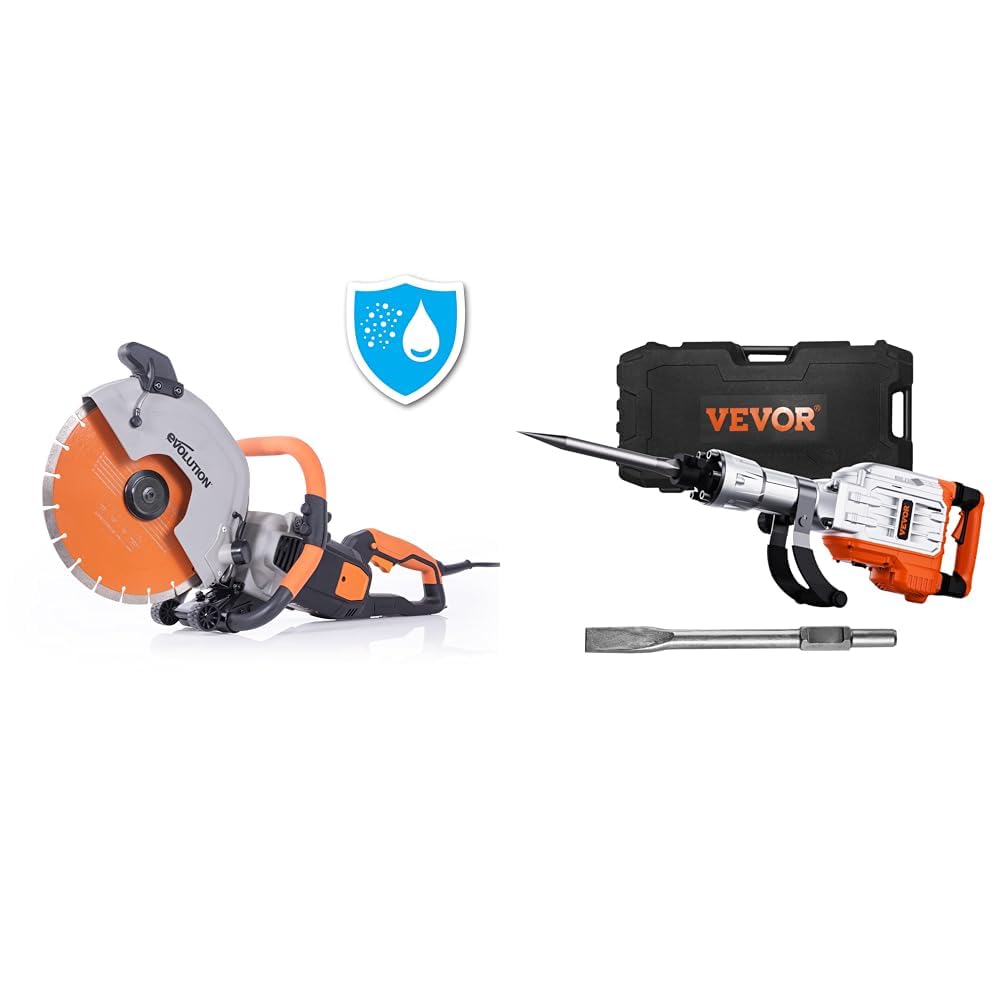 Evolution R300DCT+ 12" Concrete Saw with Dust Suppression & VEVOR 3500W Jack Hammer Concrete Breaker with Chisels, Gloves & Case