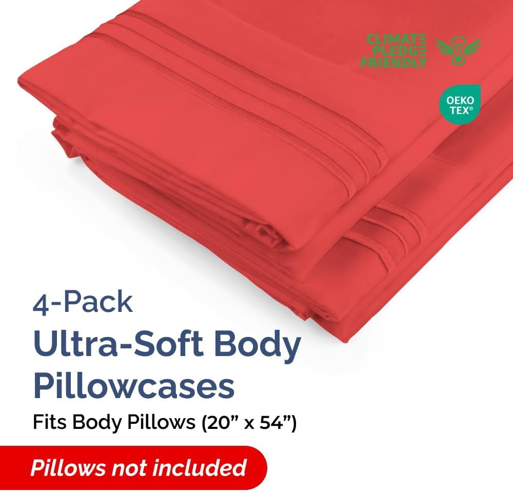 Skiennix Body Pillowcases Set of 4 | Soft & Cozy 20x54 Long Pillow Covers - Breathable, Fade-Free, Machine Washable - Red